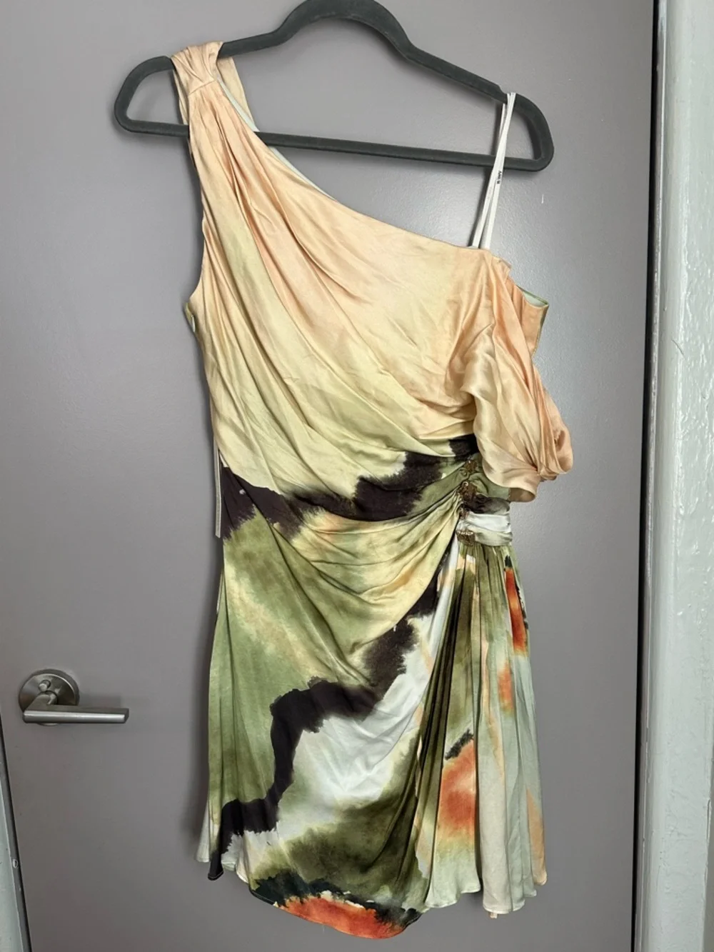 AMUR Beige, Olive & Black Watercolor Cowl Mini Dress - Picture 4 of 8